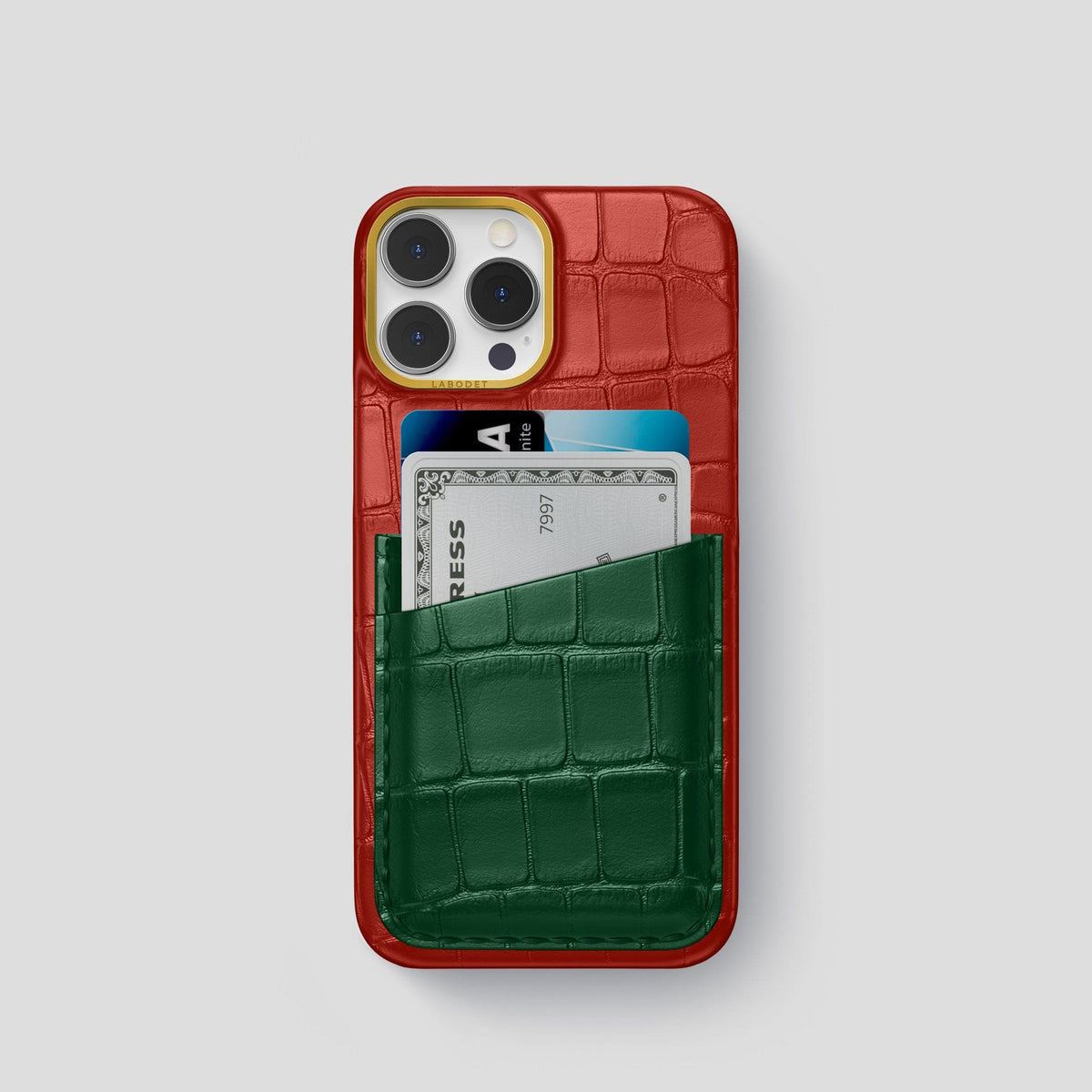 Red-Green iPhone 13 Pro Card Case Alligator with Gold Metal -1 | Red-Green-Gold