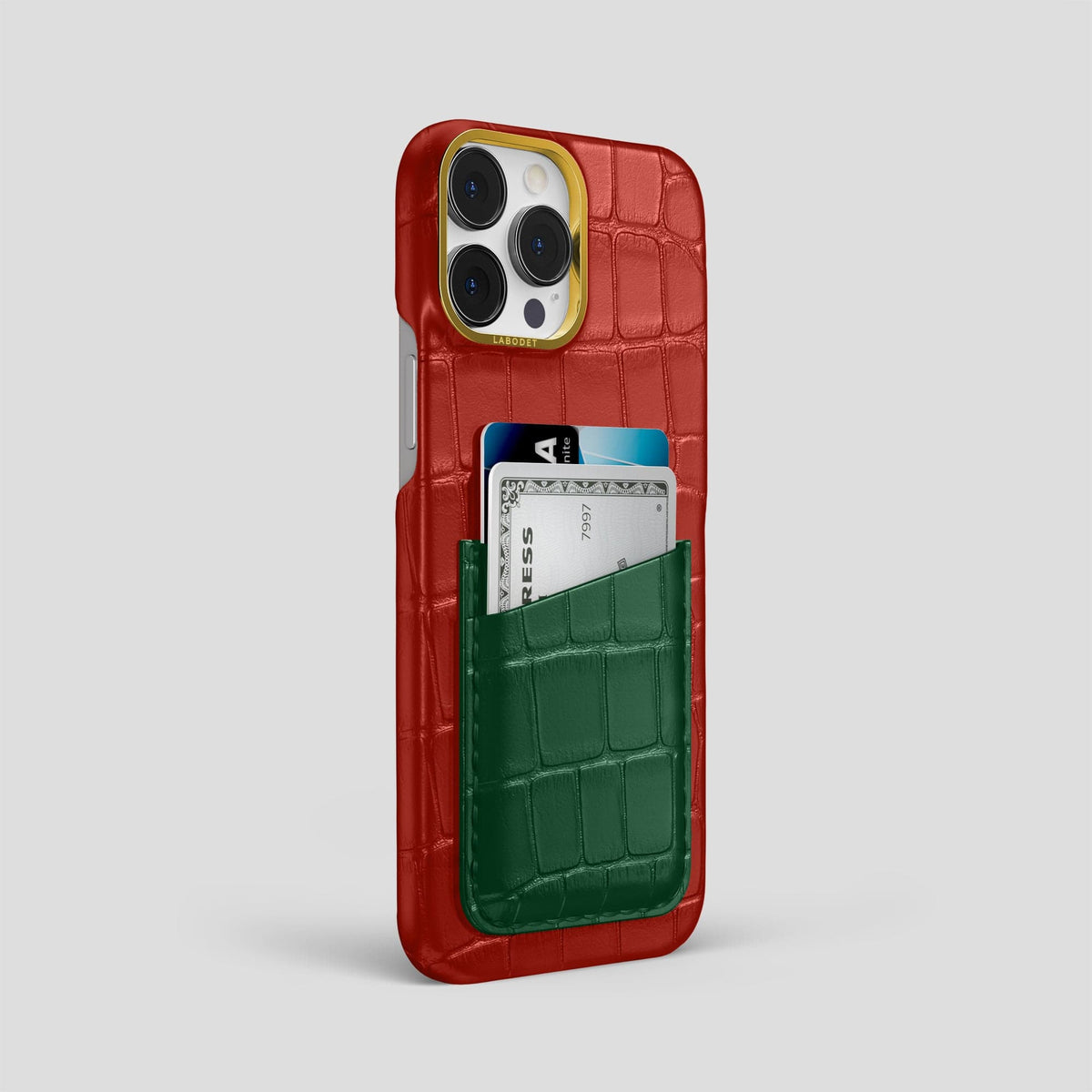 Red-Green iPhone 13 Pro Max Card Case Alligator with Gold Metal -2 | Red-Green-Gold