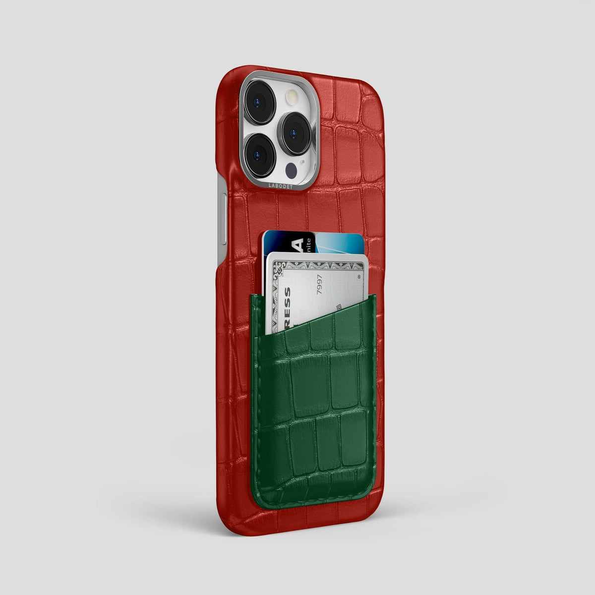 Red-Green iPhone 13 Pro Max Card Case Alligator with Steel Metal -2 | Red-Green-Steel