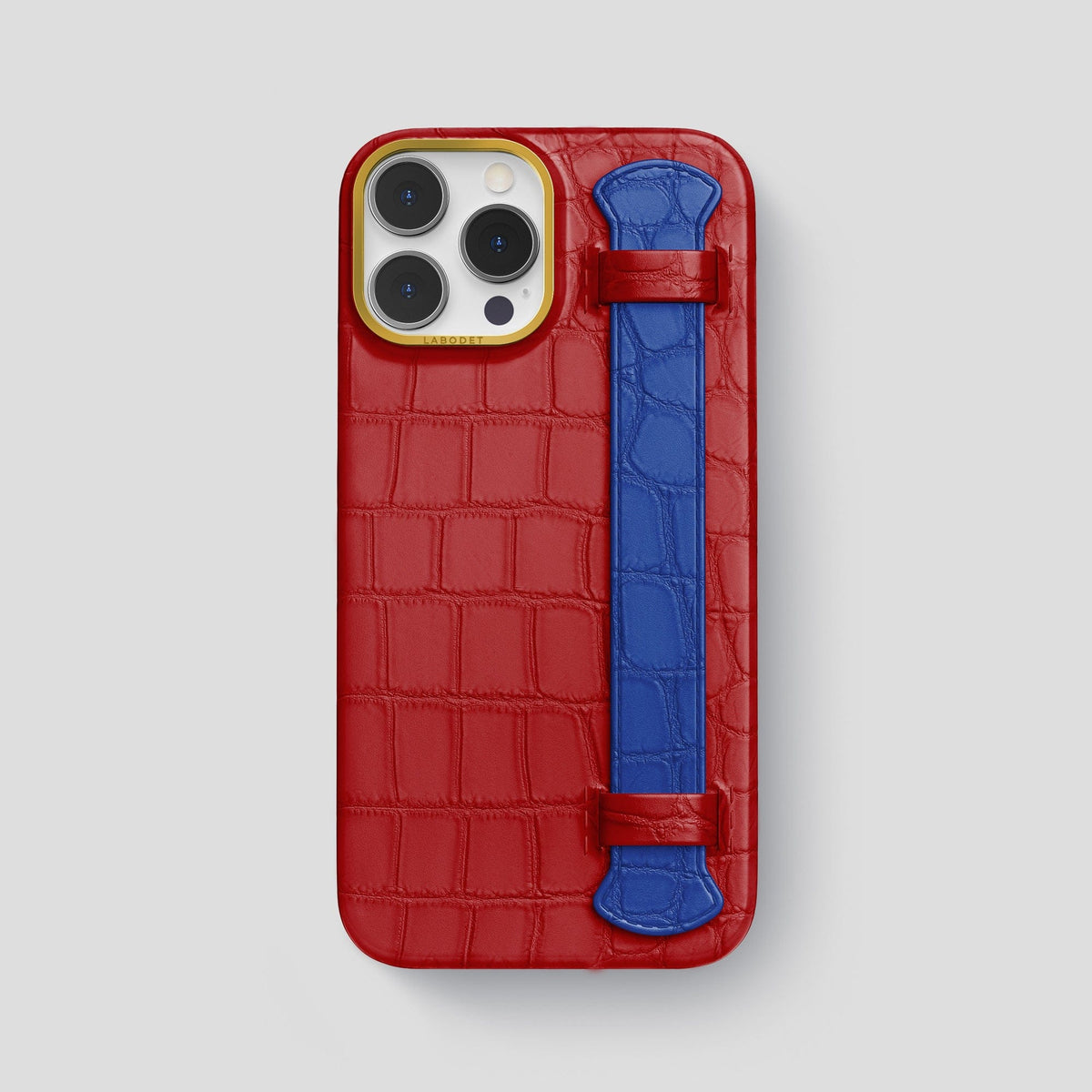 Red-Royal-Blue iPhone 13 Pro Max Strap Case Alligator with Gold Metal -1 | Red-Royal-Blue-Gold