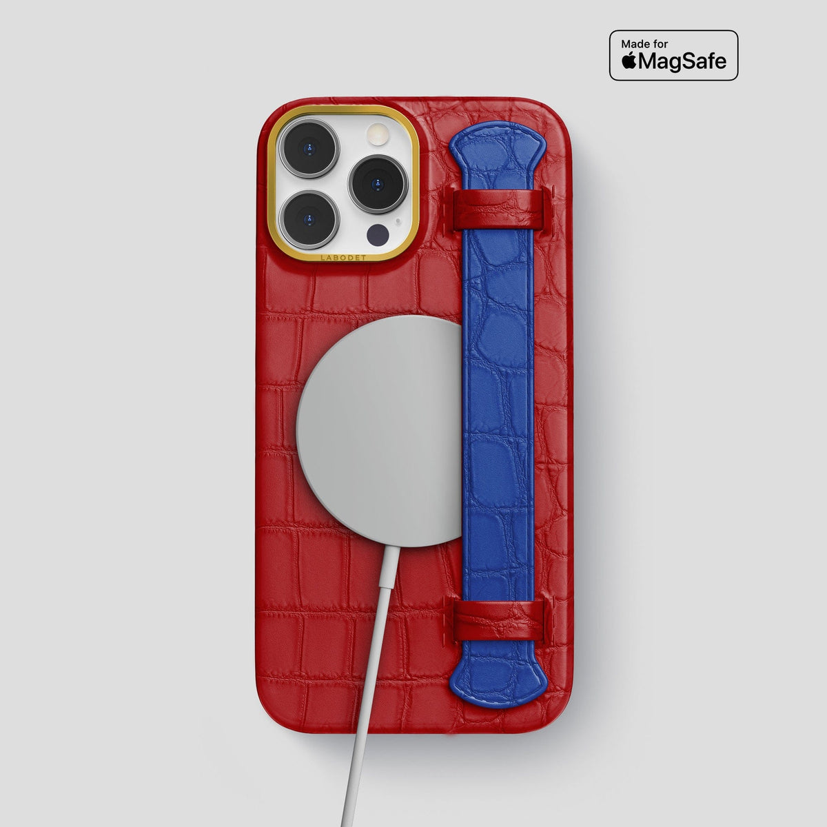 Red-Royal-Blue iPhone 13 Pro Max Strap Case Alligator with Gold Metal -4 | Red-Royal-Blue-Gold