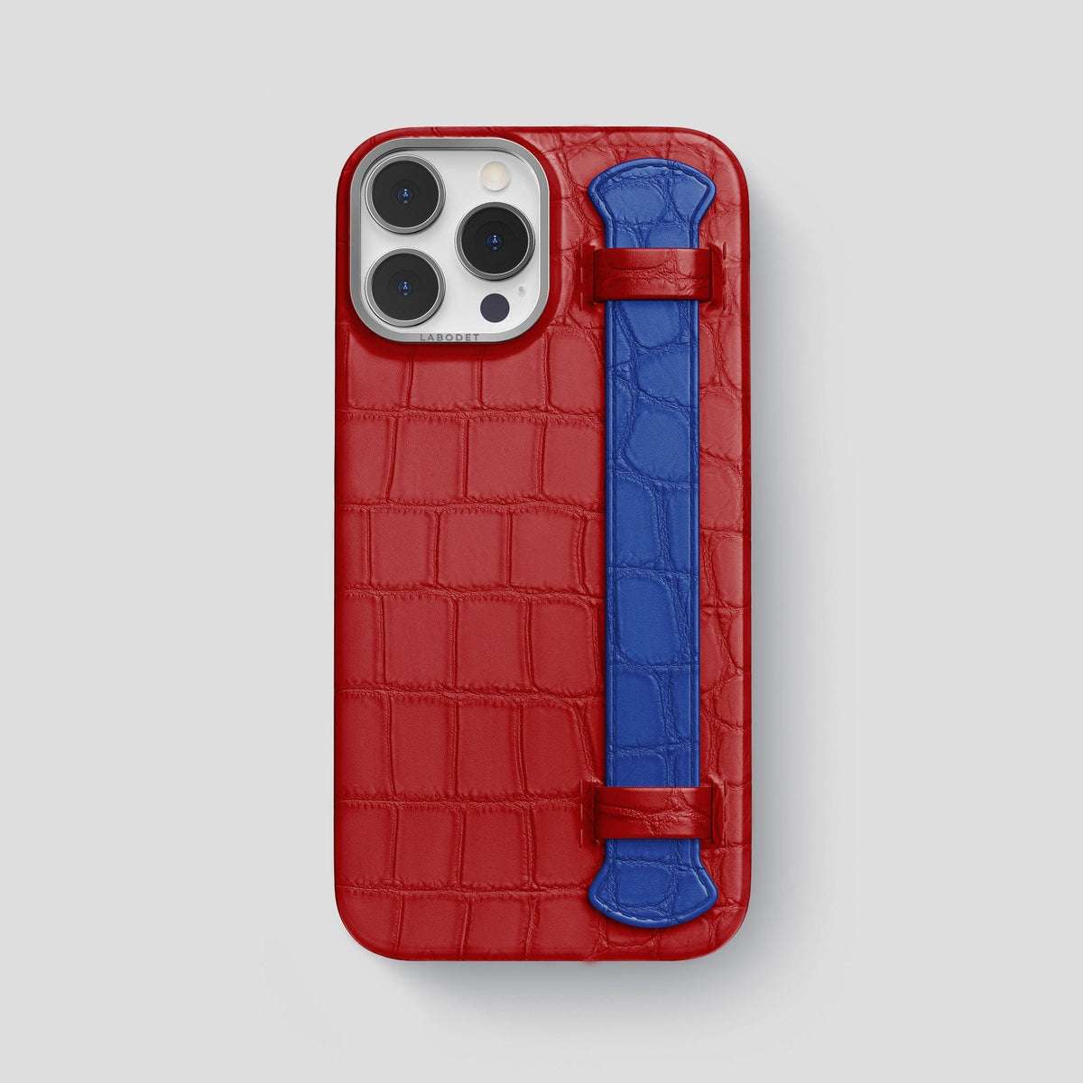 Red-Royal-Blue iPhone 13 Pro Max Strap Case Alligator with Steel Metal -1 | Red-Royal-Blue-Steel