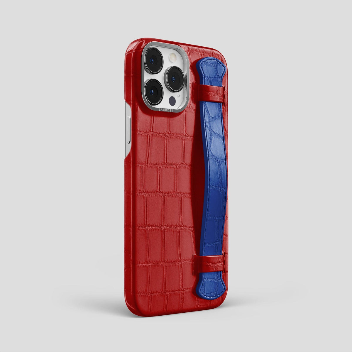 Red-Royal-Blue iPhone 13 Pro Max Strap Case Alligator with Steel Metal -2 | Red-Royal-Blue-Steel