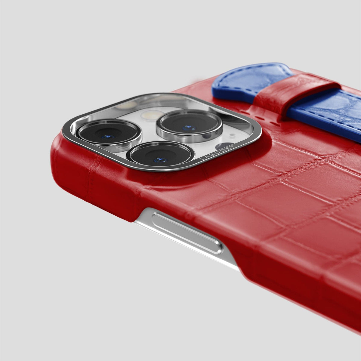 Red-Royal-Blue iPhone 13 Pro Max Strap Case Alligator with Steel Metal -5 | Red-Royal-Blue-Steel