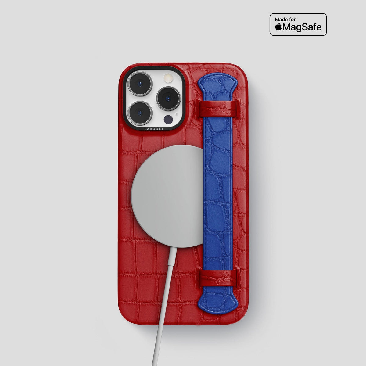 Red-Royal-Blue iPhone 13 Pro Strap Case Alligator with Black Metal -4 | Red-Royal-Blue-Black