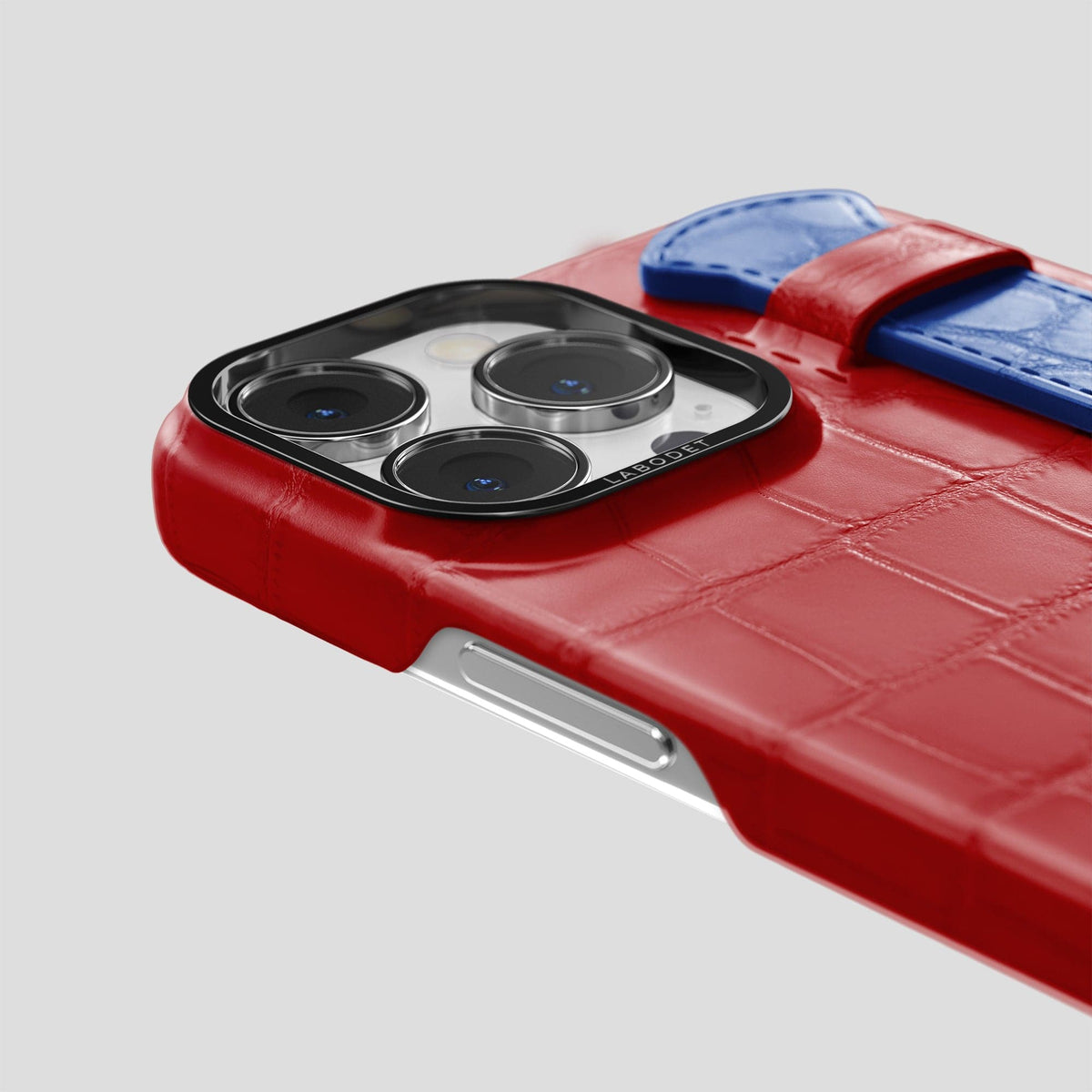 Red-Royal-Blue iPhone 13 Pro Strap Case Alligator with Black Metal -5 | Red-Royal-Blue-Black