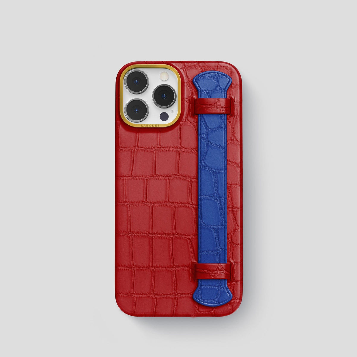 Red-Royal-Blue iPhone 13 Pro Strap Case Alligator with Gold Metal -1 | Red-Royal-Blue-Gold