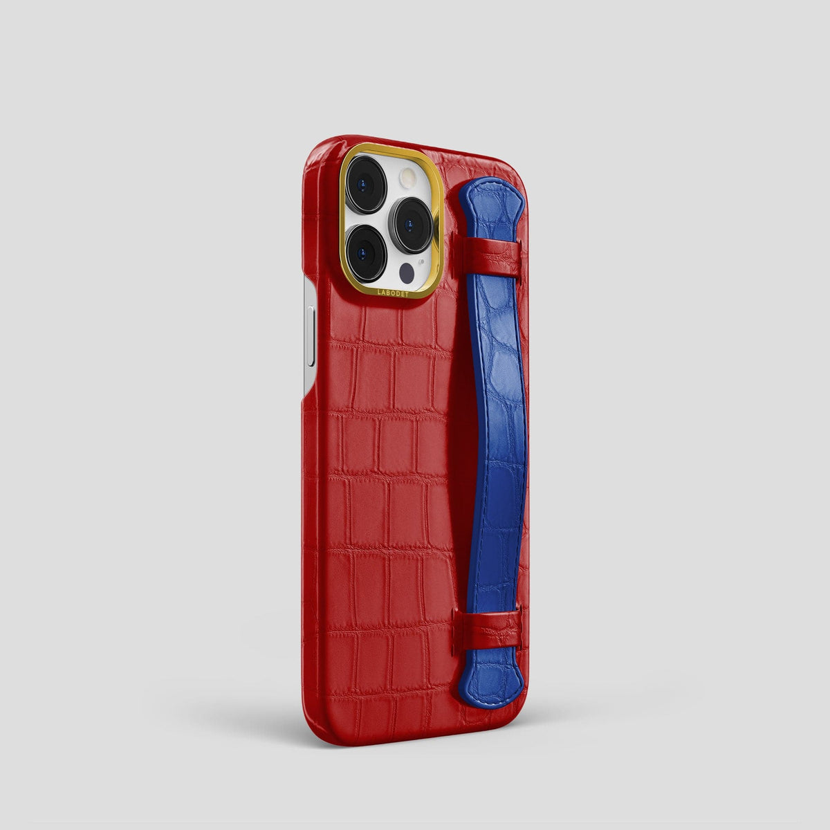 Red-Royal-Blue iPhone 13 Pro Strap Case Alligator with Gold Metal -2 | Red-Royal-Blue-Gold