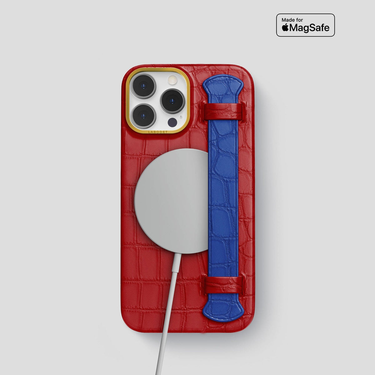 Red-Royal-Blue iPhone 13 Pro Strap Case Alligator with Gold Metal -4 | Red-Royal-Blue-Gold