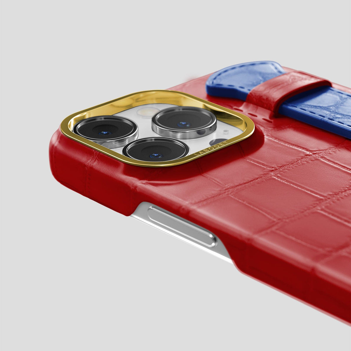 Red-Royal-Blue iPhone 13 Pro Strap Case Alligator with Gold Metal -5 | Red-Royal-Blue-Gold