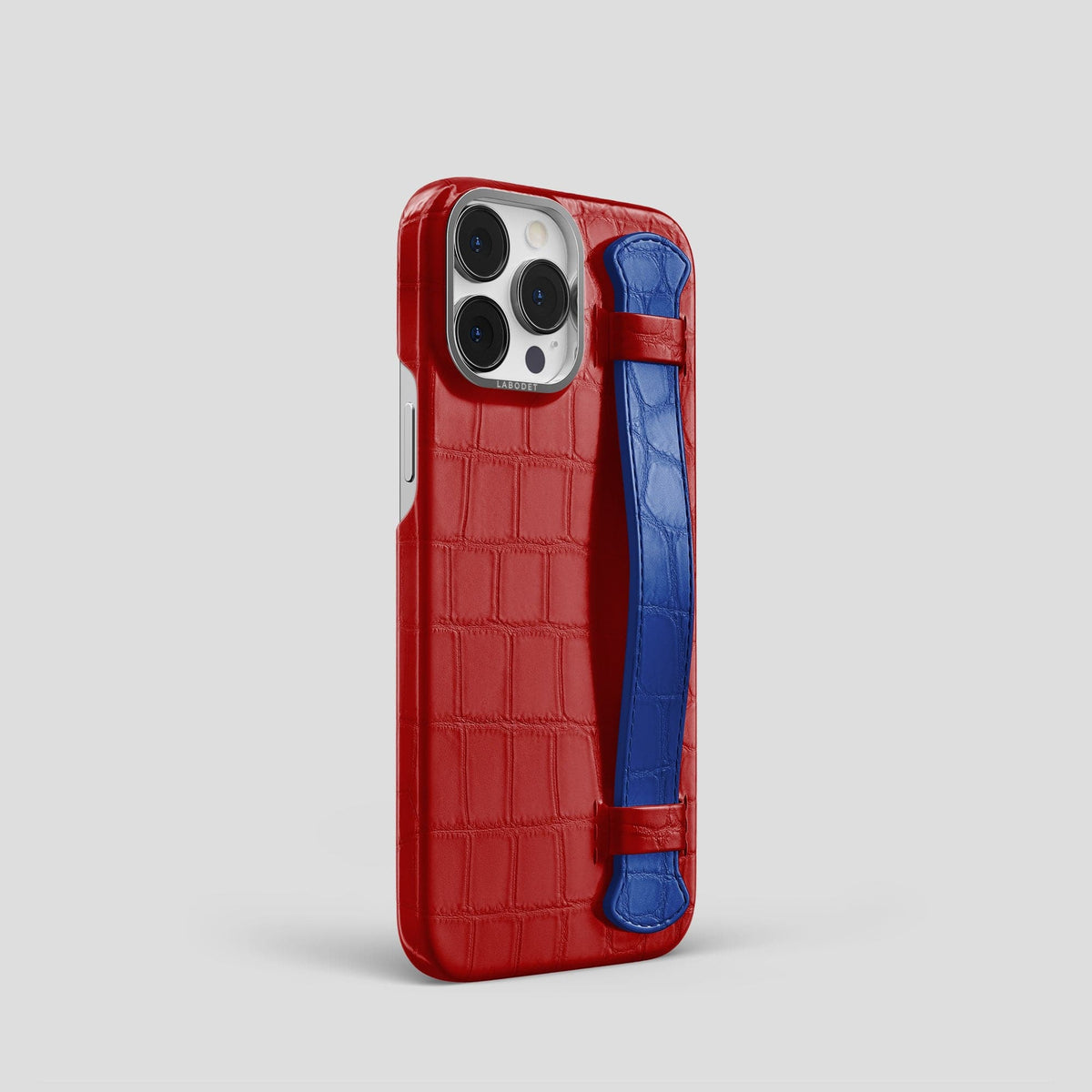 Red-Royal-Blue iPhone 13 Pro Strap Case Alligator with Steel Metal -2 | Red-Royal-Blue-Steel