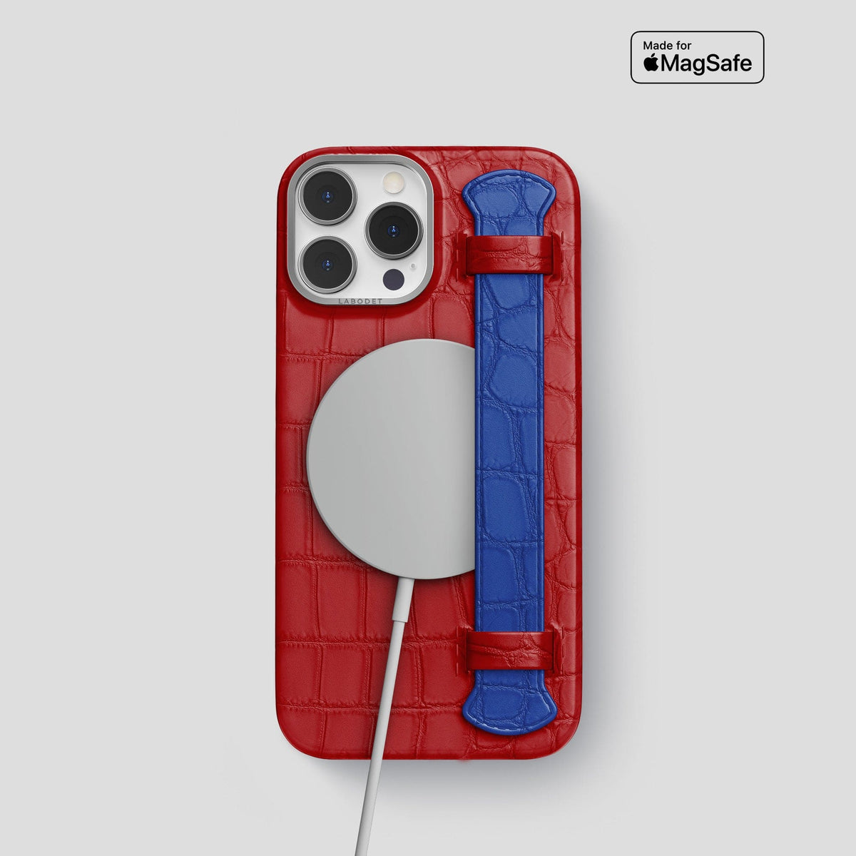 Red-Royal-Blue iPhone 13 Pro Strap Case Alligator with Steel Metal -4 | Red-Royal-Blue-Steel