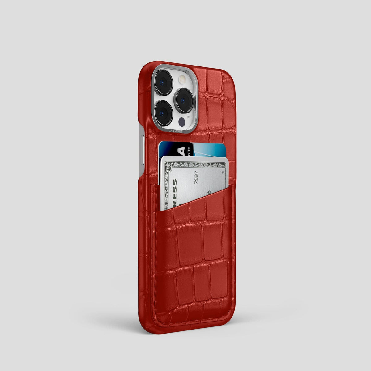 Red iPhone 13 Pro Card Case Alligator with Steel Metal -2 | Red-Steel