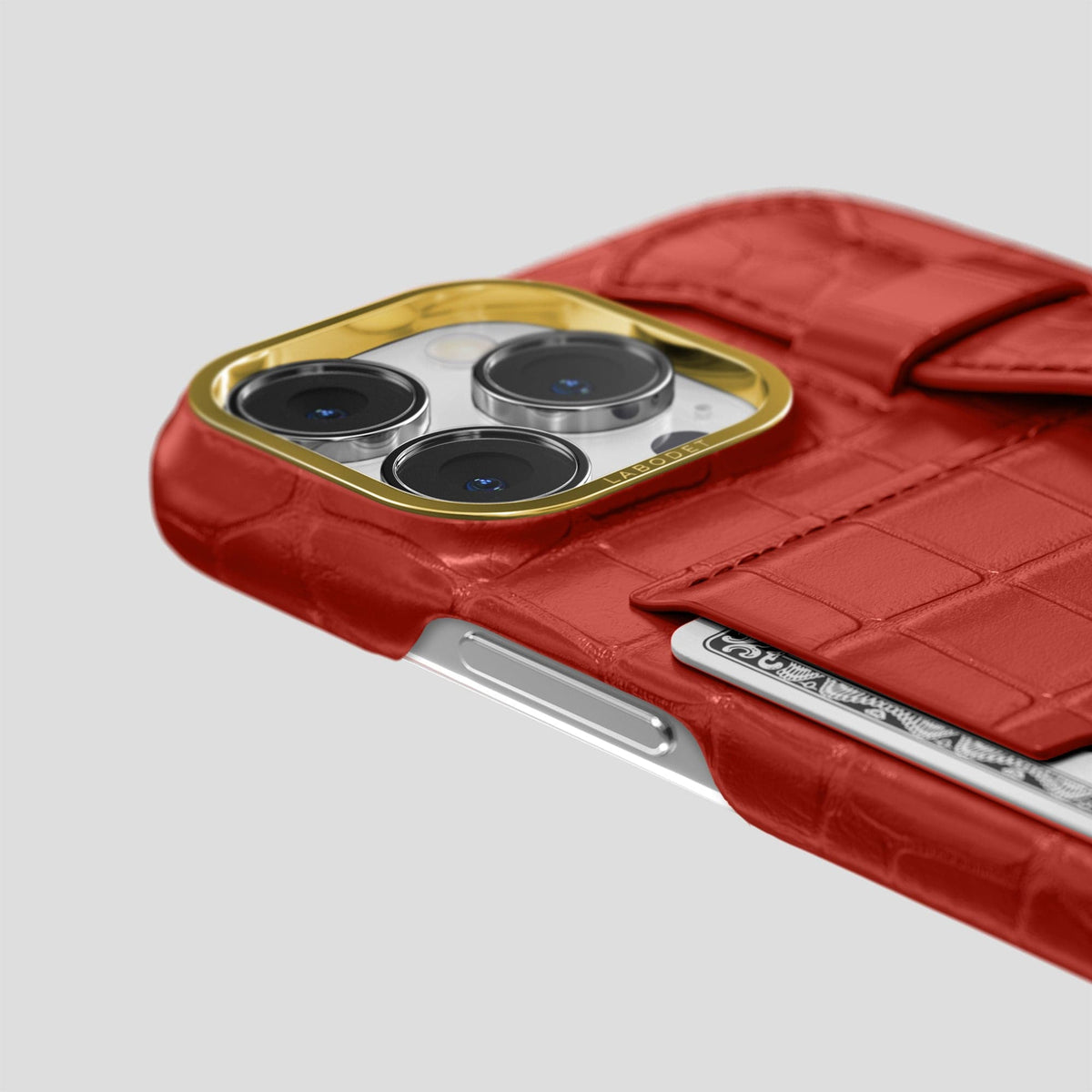 Red iPhone 13 Pro Cardholder Strap Case Alligator with Gold Metal -5 | Red-Gold