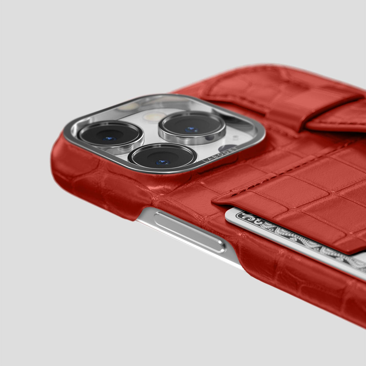 Red iPhone 13 Pro Cardholder Strap Case Alligator with Steel Metal -5 | Red-Steel