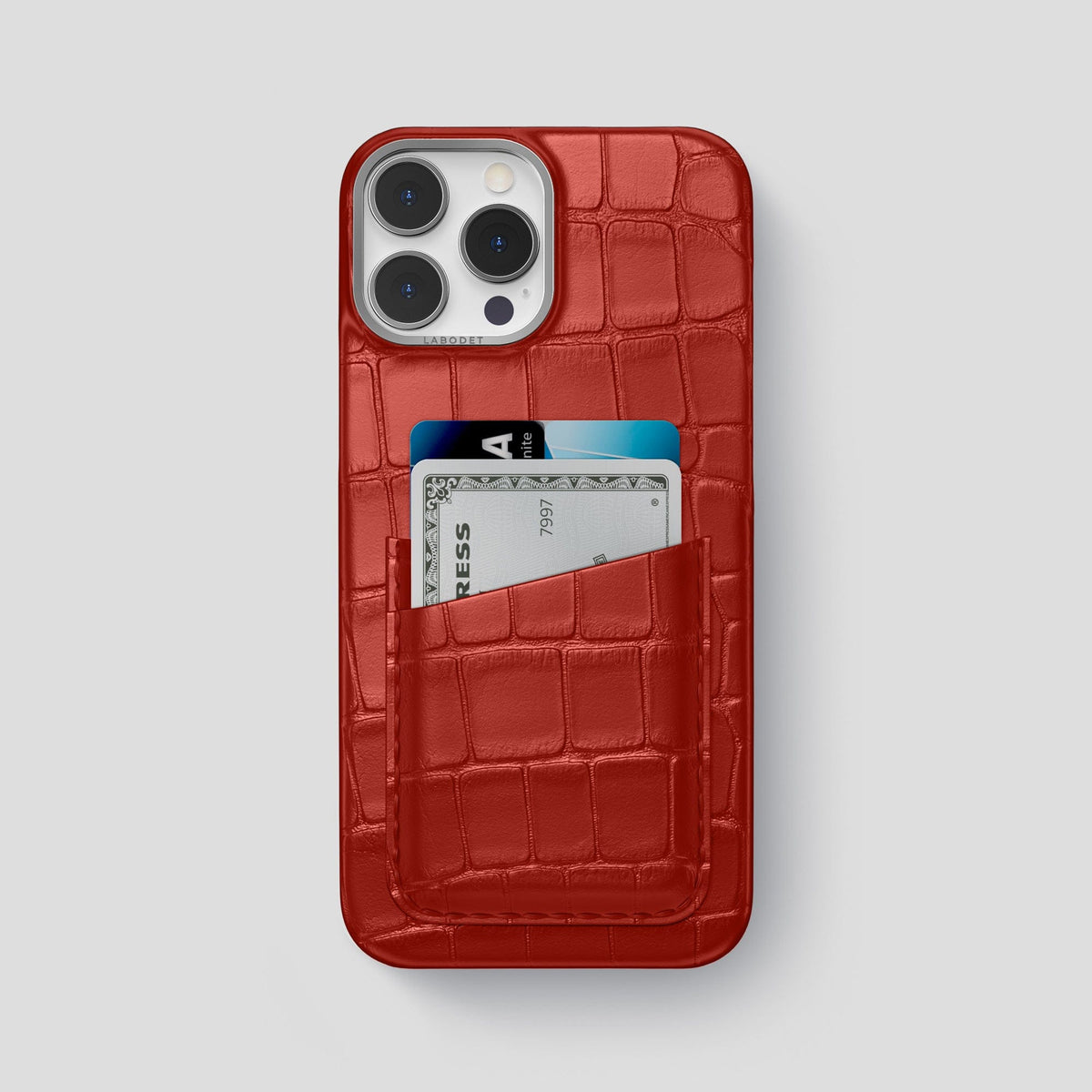 Red iPhone 13 Pro Max Card Case Alligator with Steel Metal -1 | Red-Steel