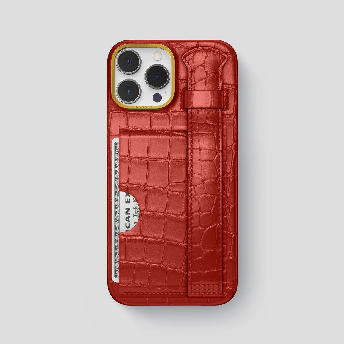 Red iPhone 13 Pro Max Cardholder Strap Case Alligator with Gold Metal -1 | Red-Gold