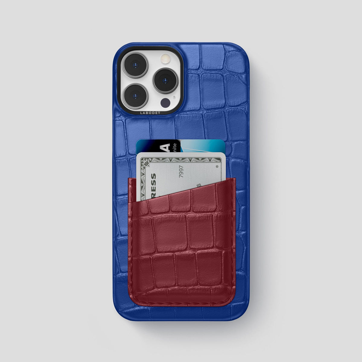 Royal-Blue-Burgundy iPhone 13 Pro Max Card Case Alligator with Black Metal -1 | Royal-Blue-Burgundy-Black