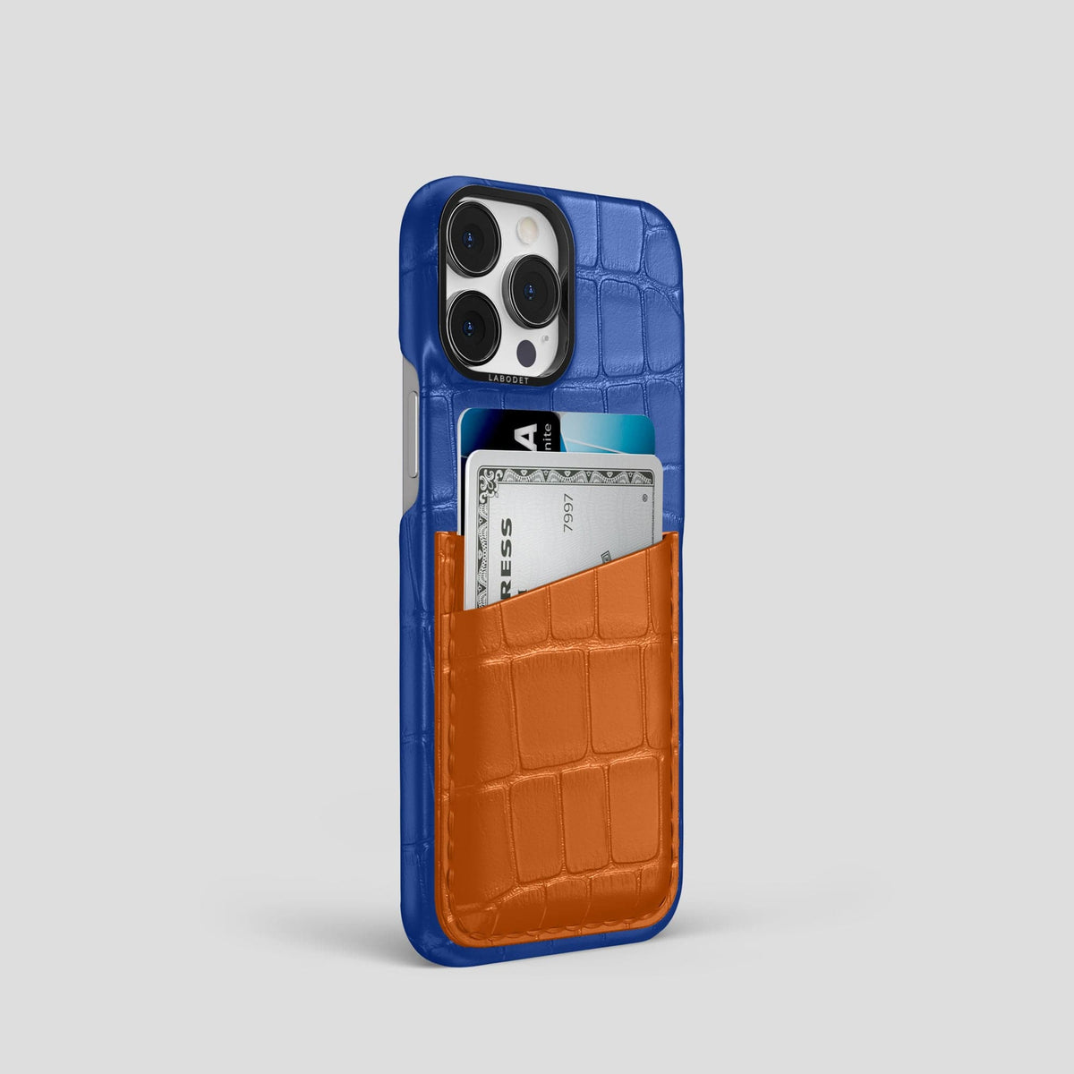 Royal-Blue-Orange iPhone 13 Pro Card Case Alligator with Black Metal -2 | Royal-Blue-Orange-Black