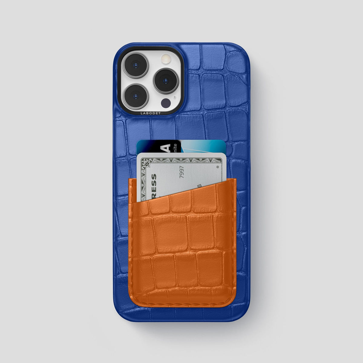 Royal-Blue-Orange iPhone 13 Pro Max Card Case Alligator with Black Metal -1 | Royal-Blue-Orange-Black