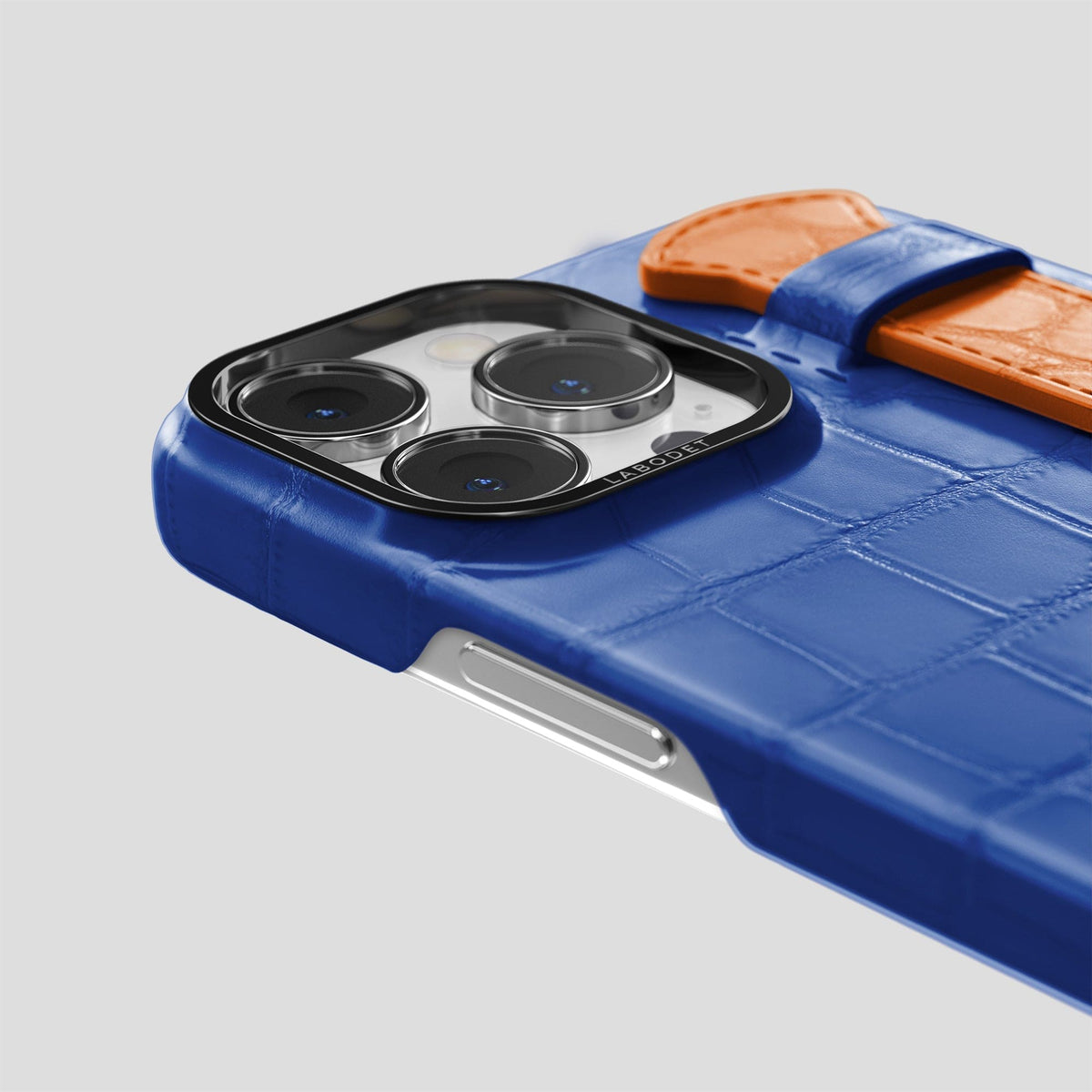 Royal-Blue-Orange iPhone 13 Pro Max Strap Case Alligator with Black Metal -5 | Royal-Blue-Orange-Black