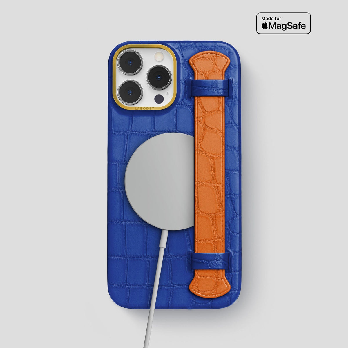 Royal-Blue-Orange iPhone 13 Pro Max Strap Case Alligator with Gold Metal -4 | Royal-Blue-Orange-Gold