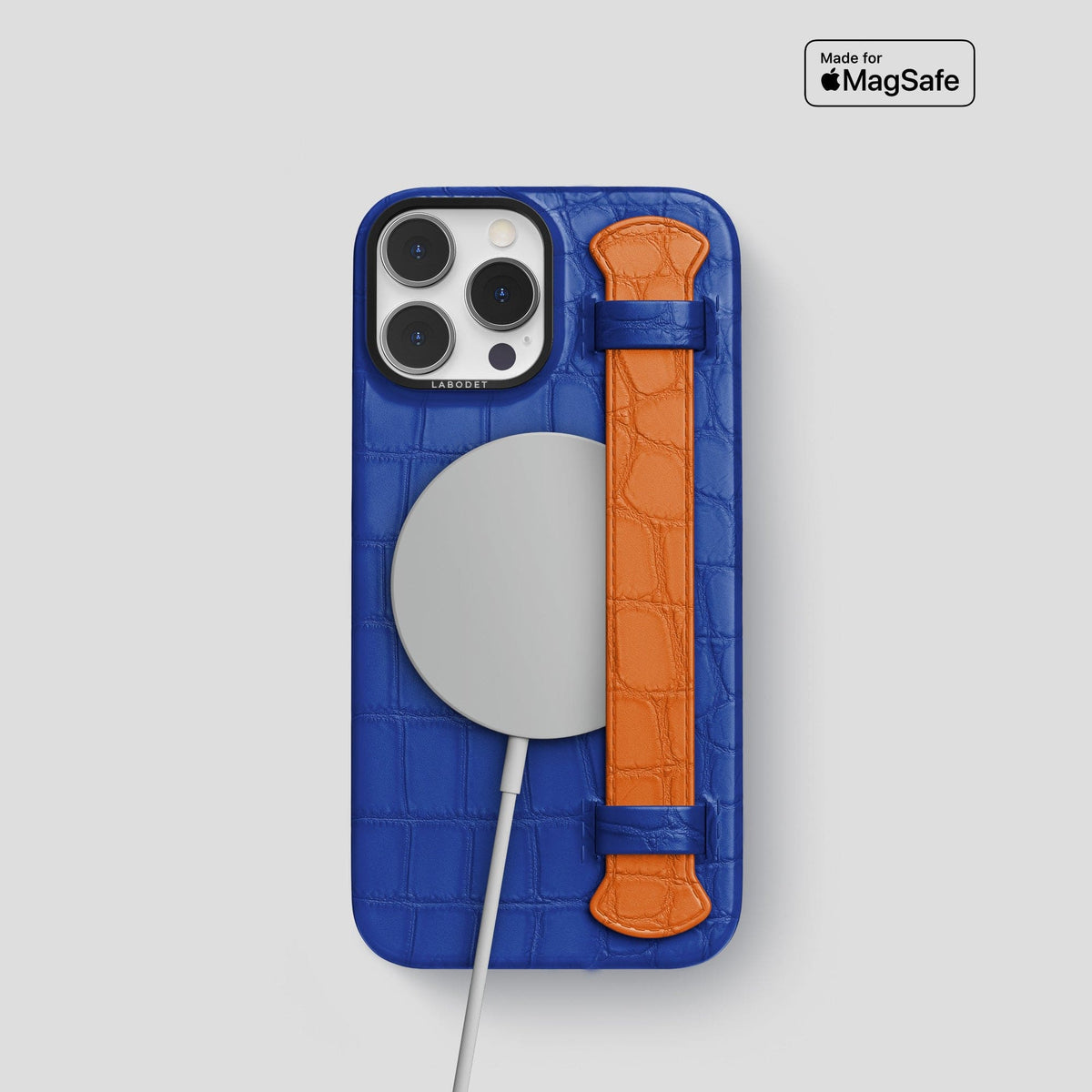 Royal-Blue-Orange iPhone 13 Pro Strap Case Alligator with Black Metal -4 | Royal-Blue-Orange-Black
