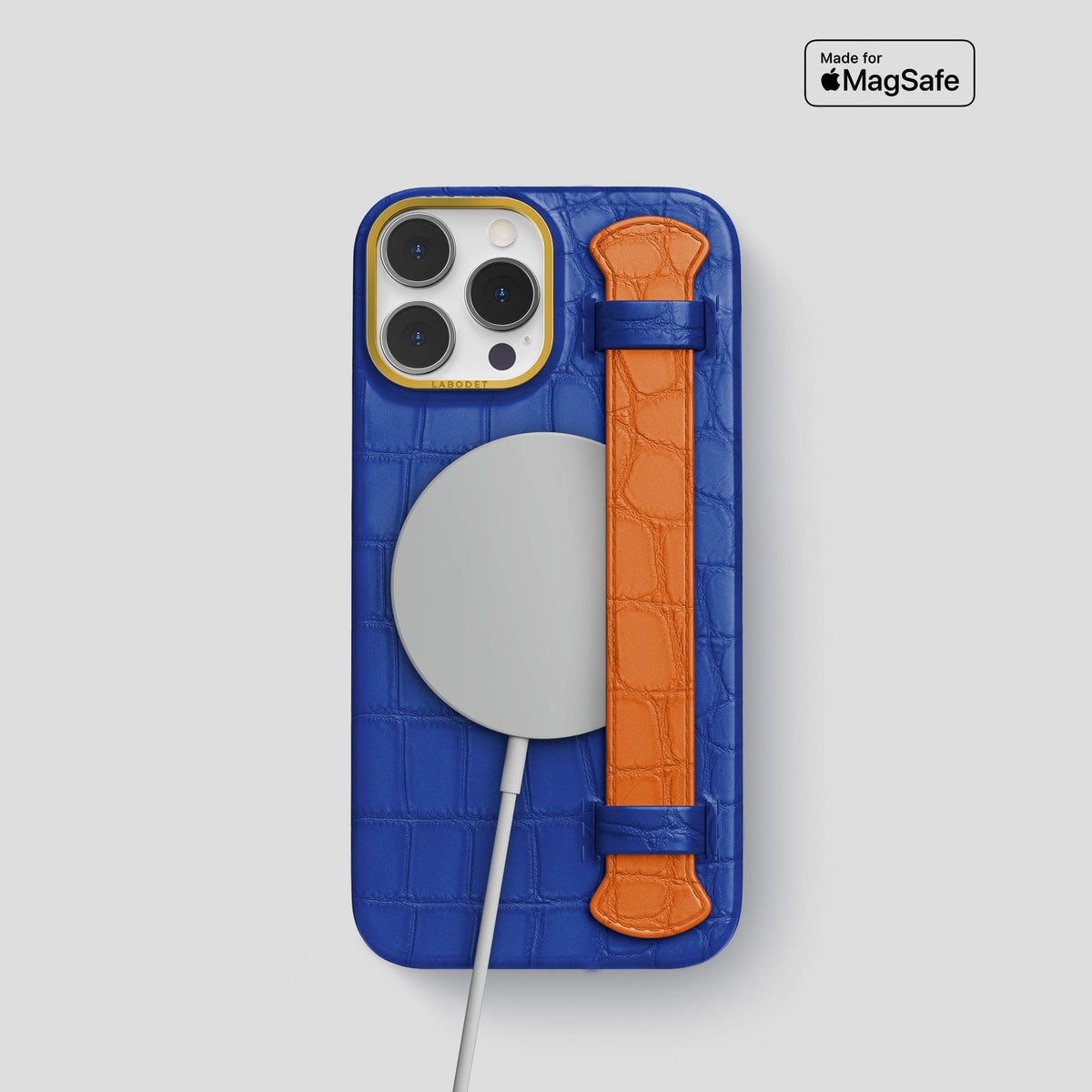 Royal-Blue-Orange iPhone 13 Pro Strap Case Alligator with Gold Metal -4 | Royal-Blue-Orange-Gold
