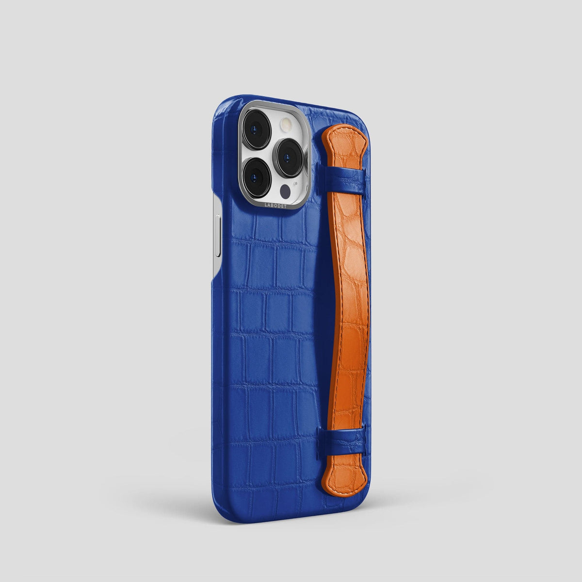 Royal-Blue-Orange iPhone 13 Pro Strap Case Alligator with Steel Metal -2 | Royal-Blue-Orange-Steel