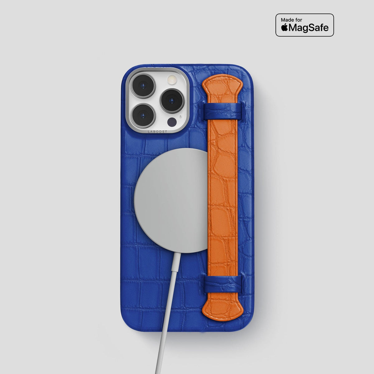 Royal-Blue-Orange iPhone 13 Pro Strap Case Alligator with Steel Metal -4 | Royal-Blue-Orange-Steel