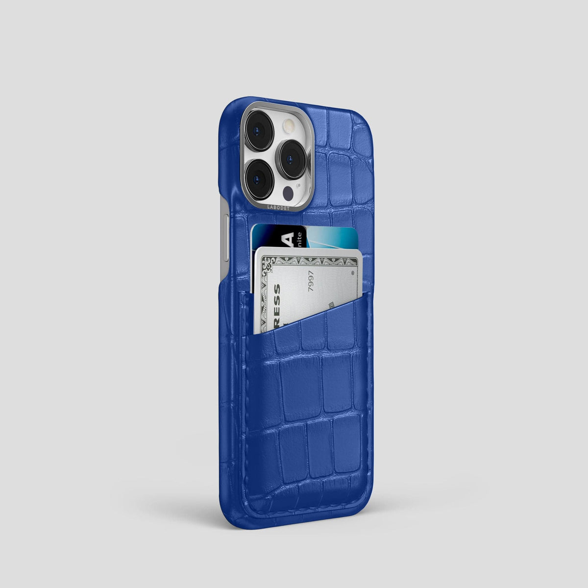 Royal Blue iPhone 13 Pro Card Case Alligator with Steel Metal -2 | Royal-Blue-Steel
