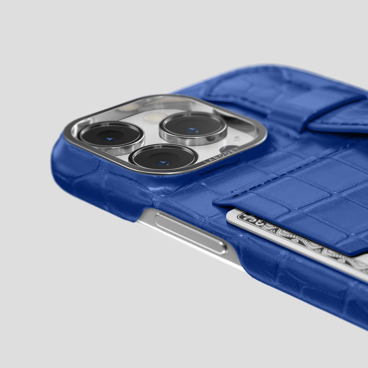 Royal Blue iPhone 13 Pro Cardholder Strap Case Alligator with Steel Metal -5 | Royal-Blue-Steel