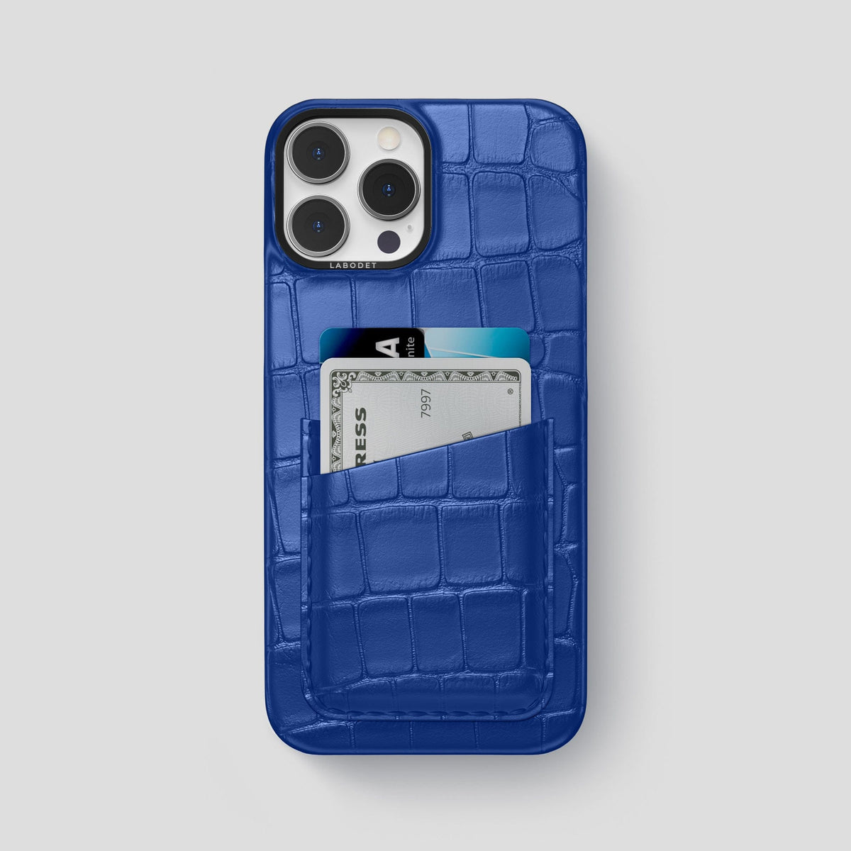 Royal Blue iPhone 13 Pro Max Card Case Alligator with Black Metal -1 | Royal-Blue-Black