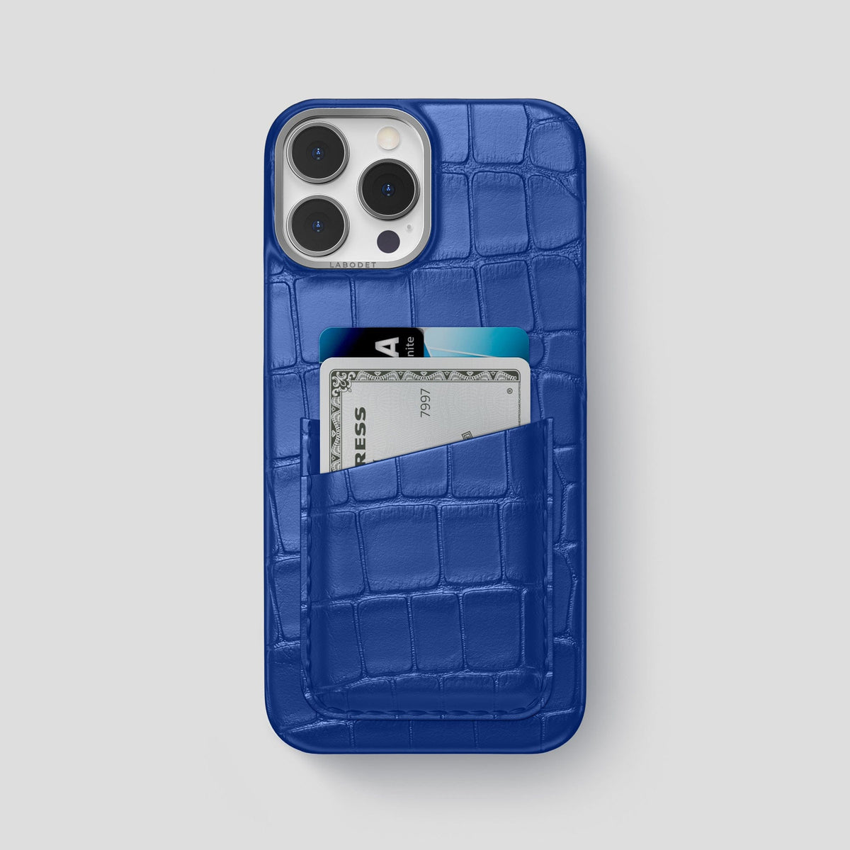 Royal Blue iPhone 13 Pro Max Card Case Alligator with Steel Metal -1 | Royal-Blue-Steel