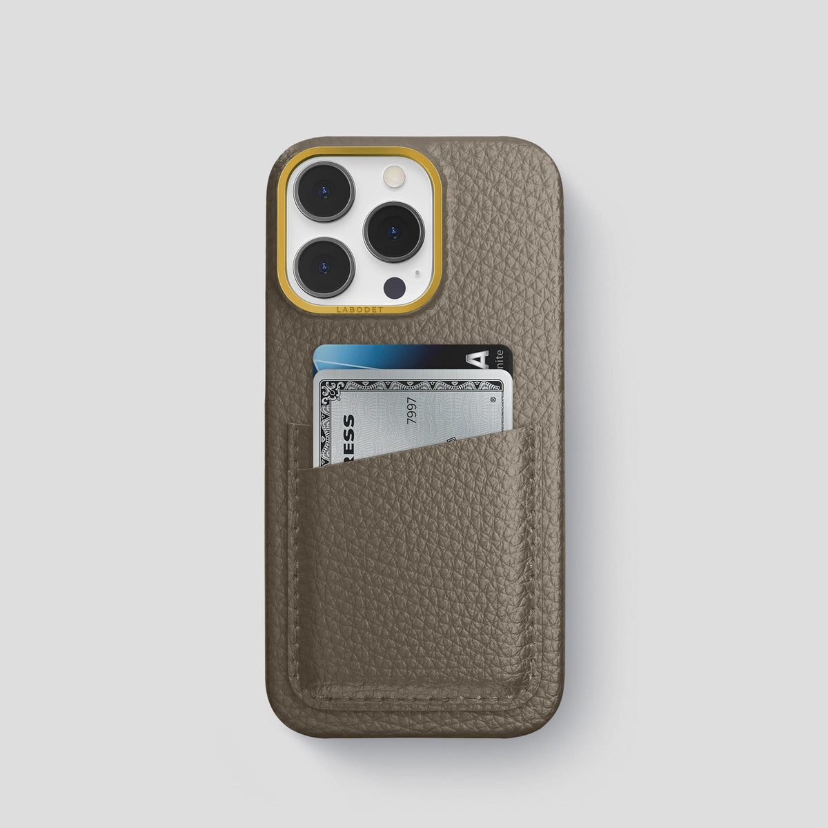 Taupe iPhone 13 Pro Card Case Calf with Gold Metal -1 | Taupe-Gold