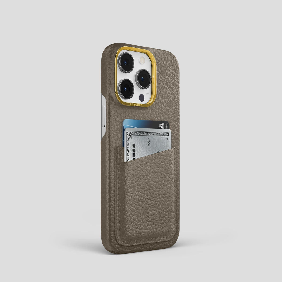 Taupe iPhone 13 Pro Card Case Calf with Gold Metal -2 | Taupe-Gold