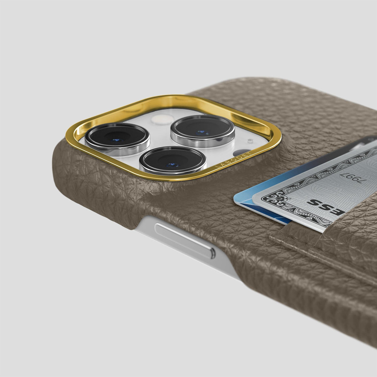 Taupe iPhone 13 Pro Card Case Calf with Gold Metal -5 | Taupe-Gold