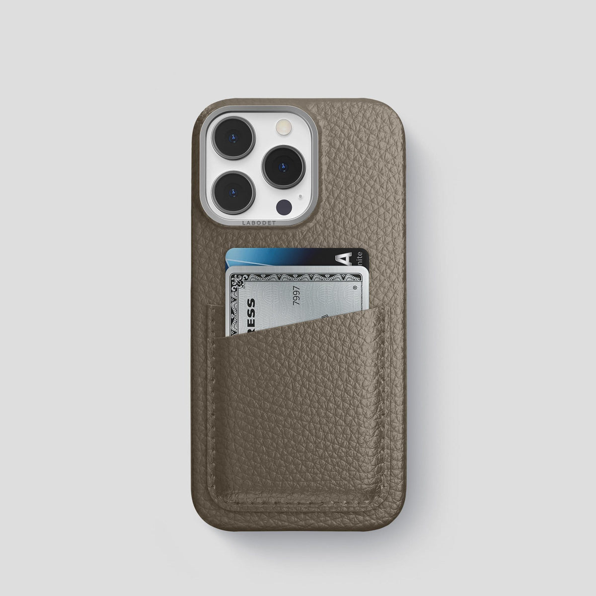 Taupe iPhone 13 Pro Card Case Calf with Steel Metal -1 | Taupe-Steel
