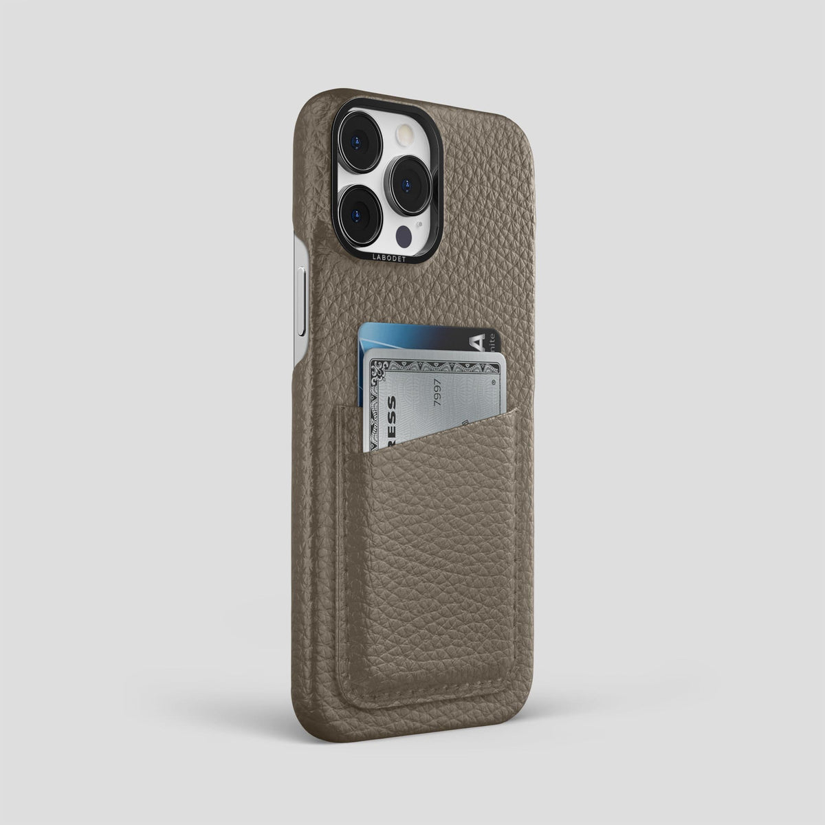 Taupe iPhone 13 Pro Max Card Case Calf with Black Metal -2 | Taupe-Black