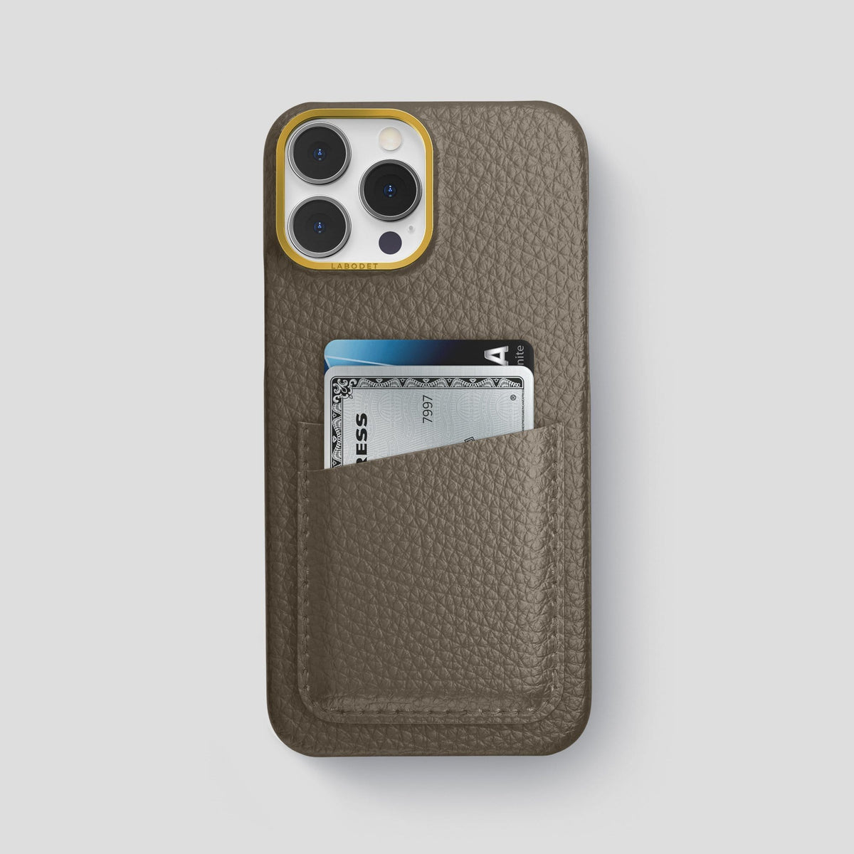 Taupe iPhone 13 Pro Max Card Case Calf with Gold Metal -1 | Taupe-Gold