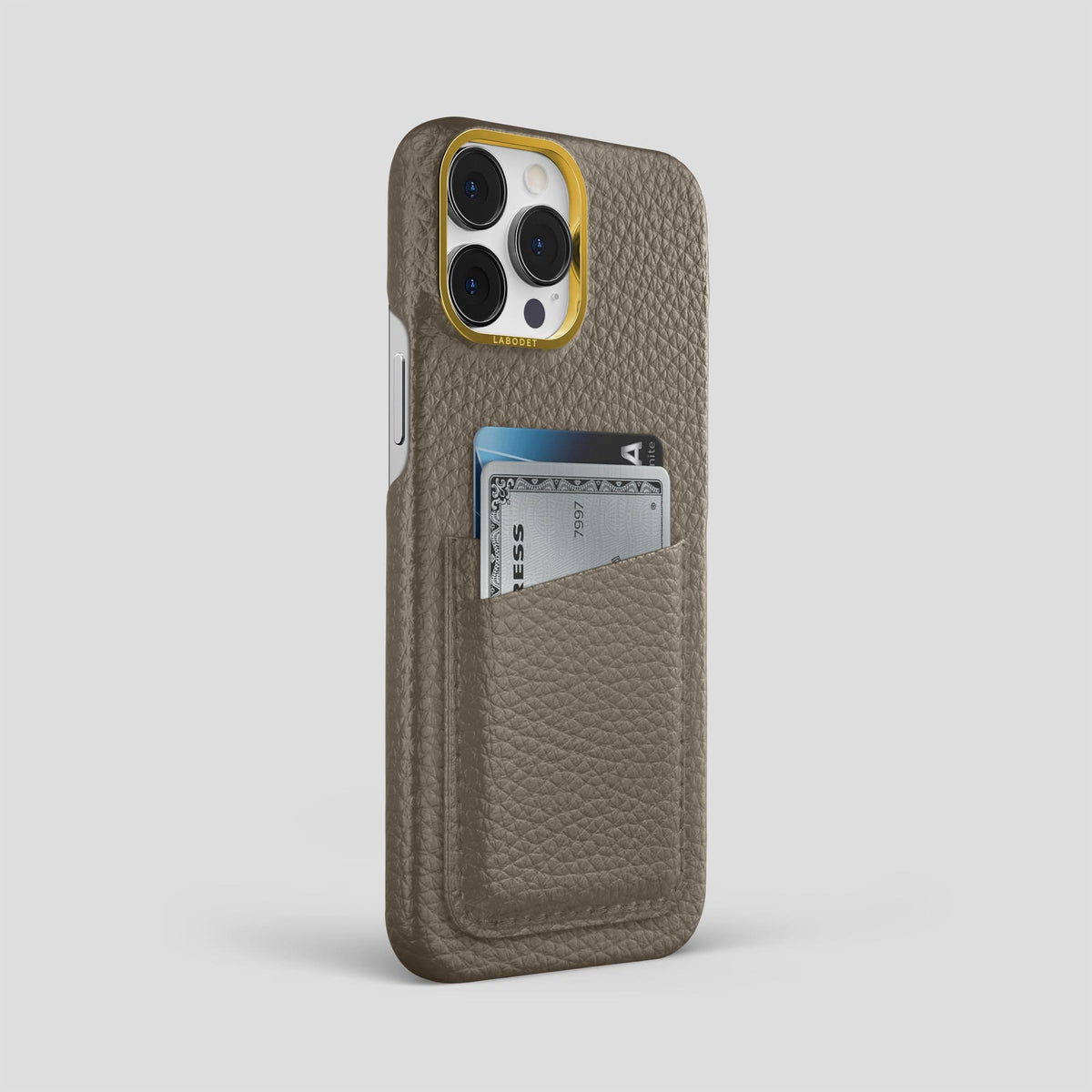 Taupe iPhone 13 Pro Max Card Case Calf with Gold Metal -2 | Taupe-Gold