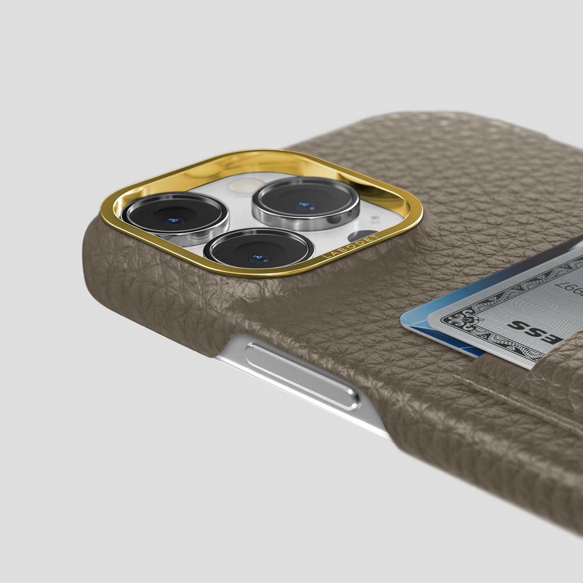 Taupe iPhone 13 Pro Max Card Case Calf with Gold Metal -5 | Taupe-Gold