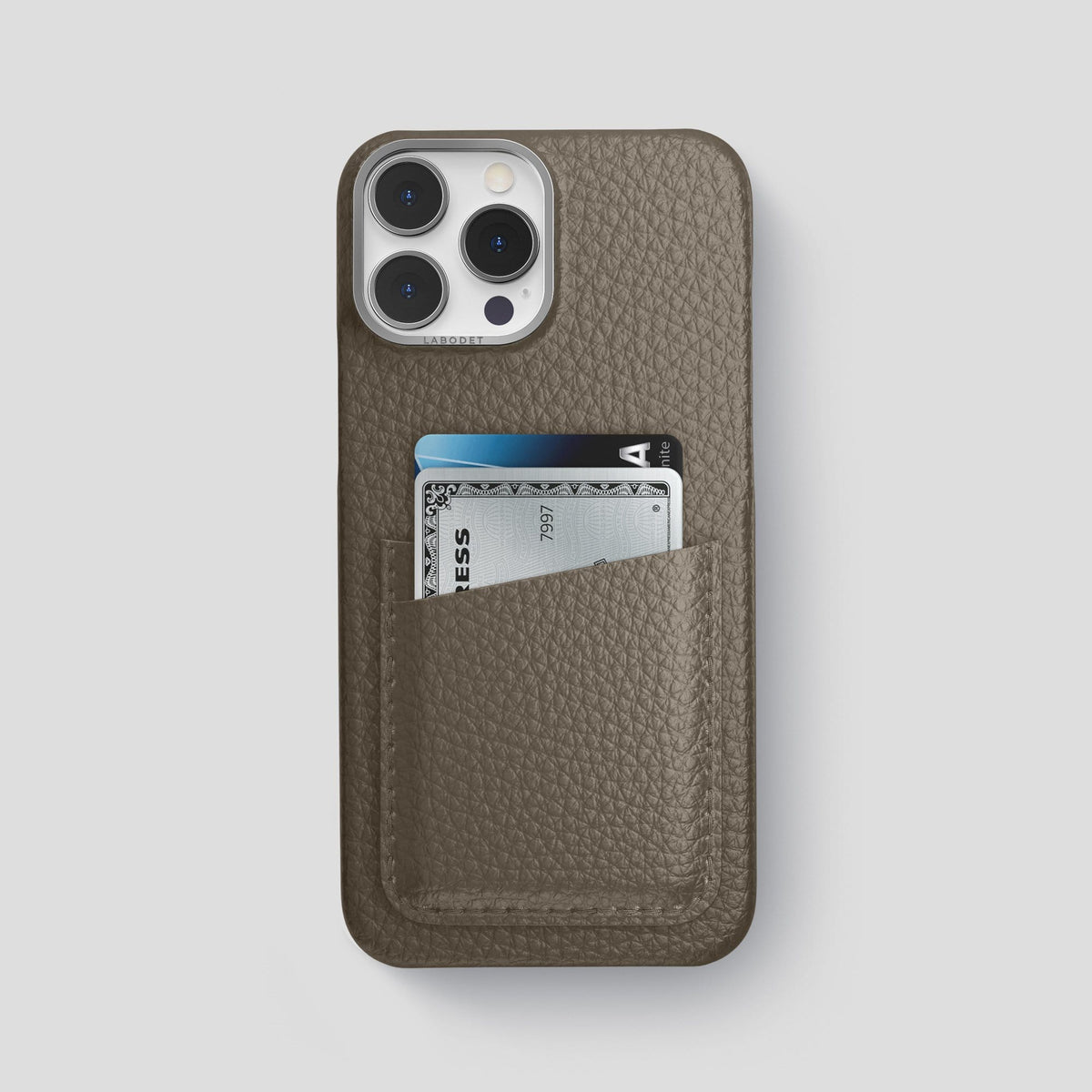 Taupe iPhone 13 Pro Max Card Case Calf with Steel Metal -1 | Taupe-Steel