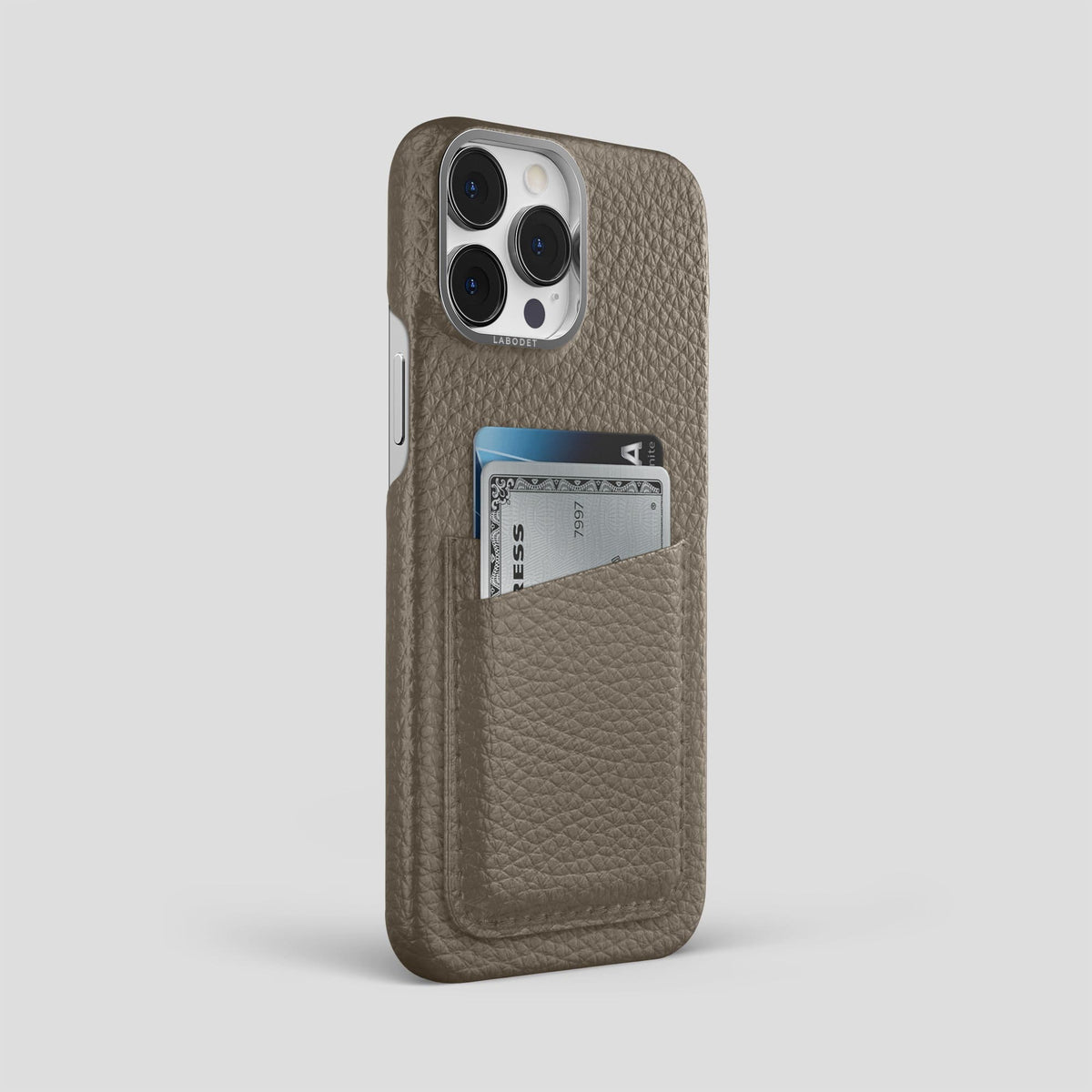 Taupe iPhone 13 Pro Max Card Case Calf with Steel Metal -2 | Taupe-Steel