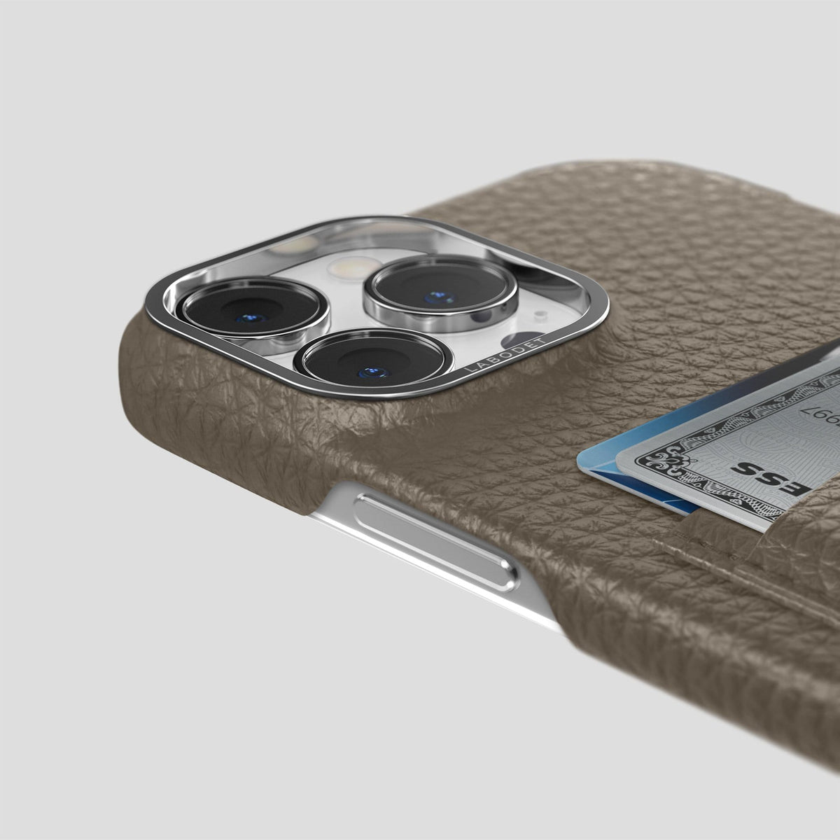 Taupe iPhone 13 Pro Max Card Case Calf with Steel Metal -5 | Taupe-Steel