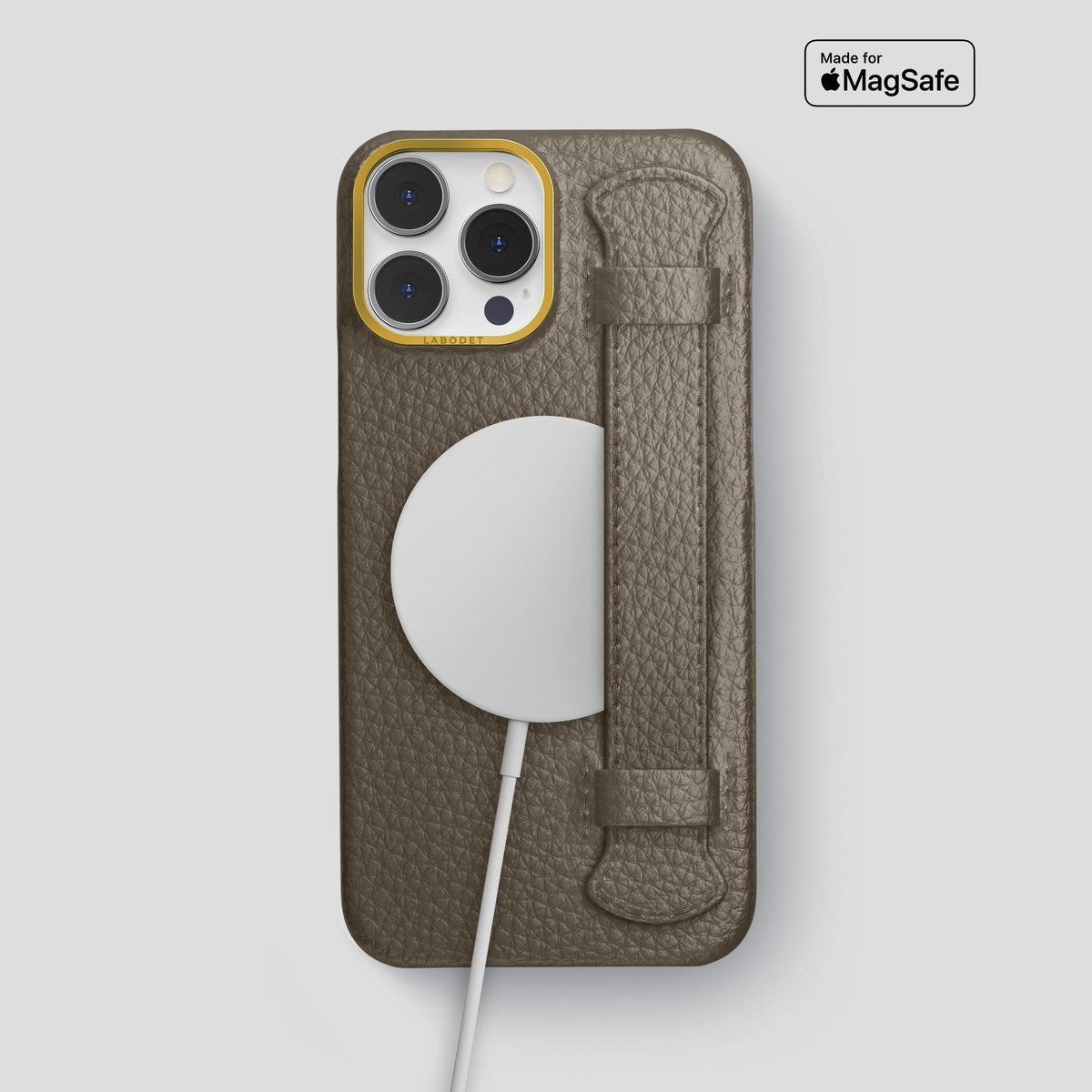 Taupe iPhone 13 Pro Max Strap Case Calf with Gold Metal -5 | Taupe-Gold