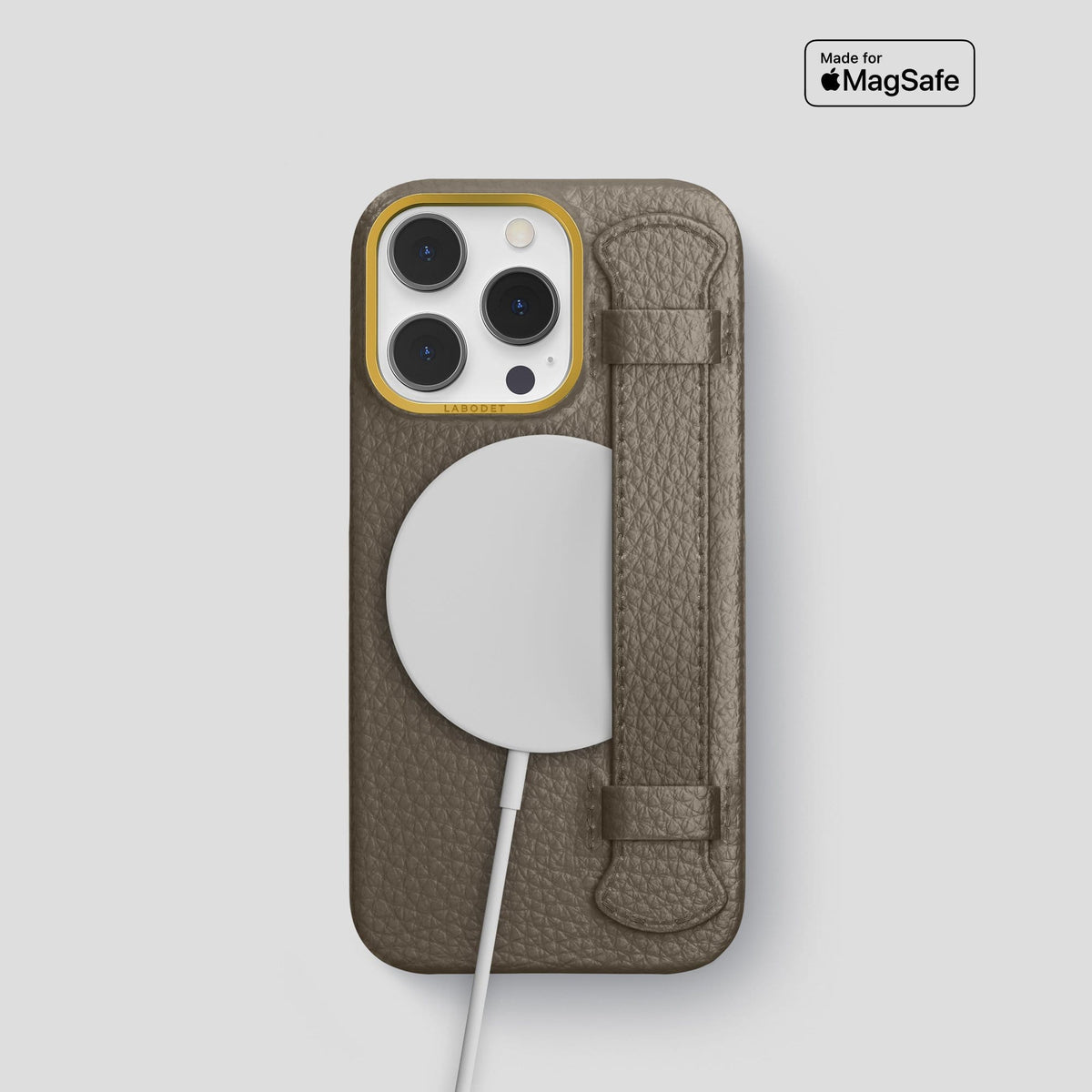 Taupe iPhone 13 Pro Strap Case Calf with Gold Metal -5 | Taupe-Gold