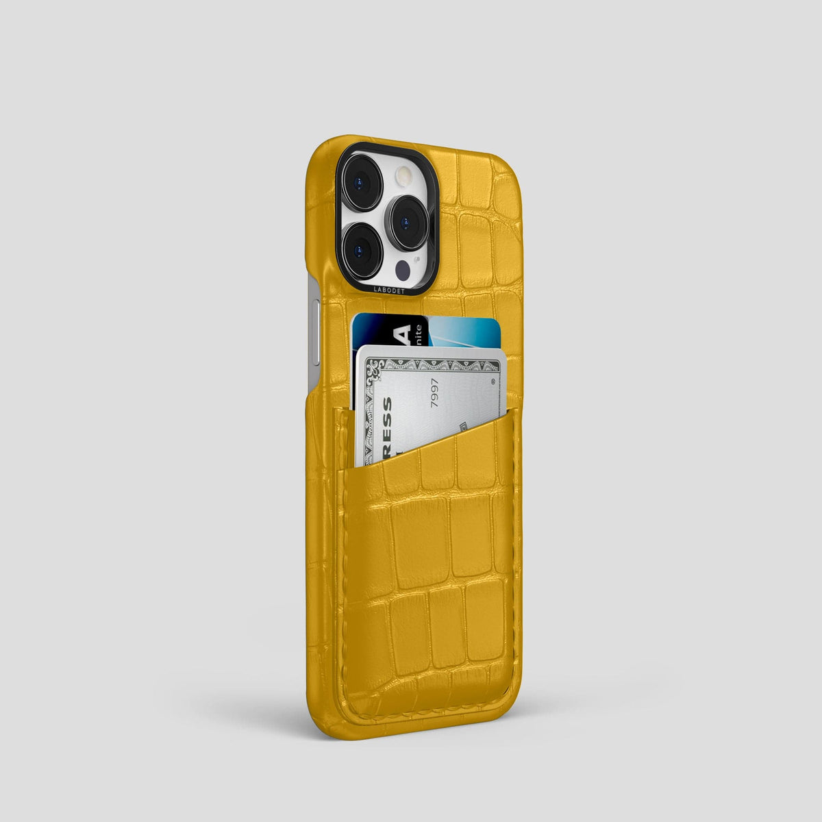 Yellow iPhone 13 Pro Card Case Alligator with Black Metal -2 | Yellow-Black