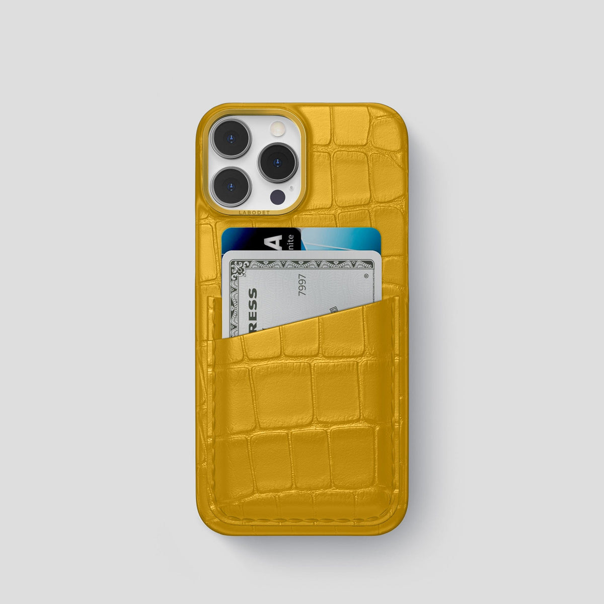 Yellow iPhone 13 Pro Card Case Alligator with Gold Metal -1 | Yellow-Gold