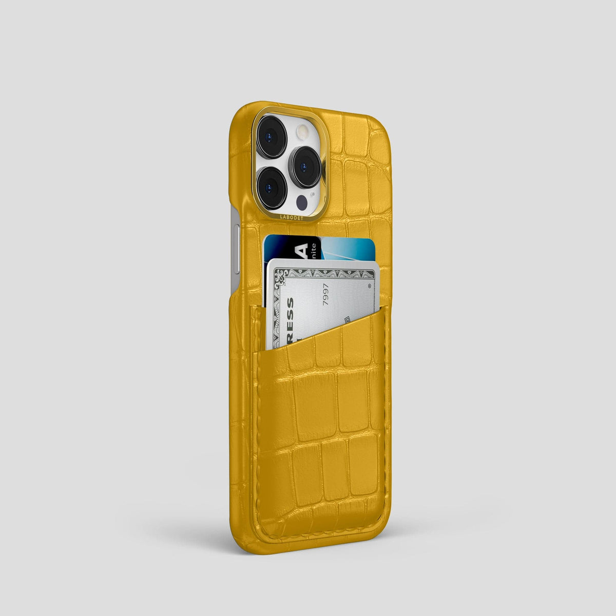 Yellow iPhone 13 Pro Card Case Alligator with Gold Metal -2 | Yellow-Gold